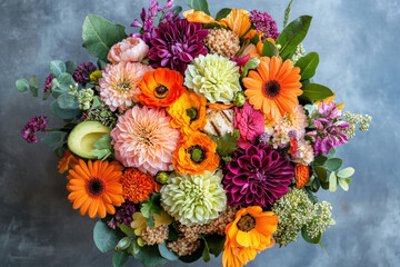Obraz premium Bouquet of flowers on table, vibrant colors and assorted blooms in glass vase, soft natural light shining through window, cozy home setting.