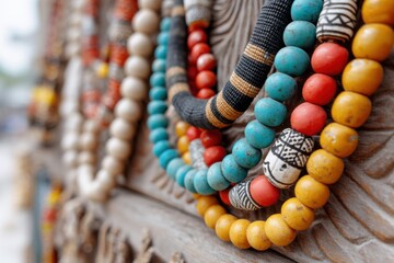 Colorful beaded necklaces hanging on wooden display are showcasing craftsmanship