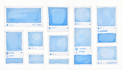 Watercolor social media grid with soft blue blocks, digital communication