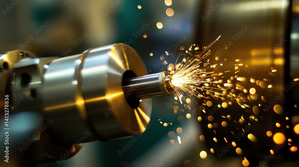 Poster precision machining process with sparks from metalwork in workshop
