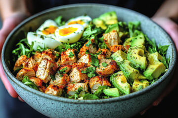 Person holding a bowl of food, cracked egg in hand.