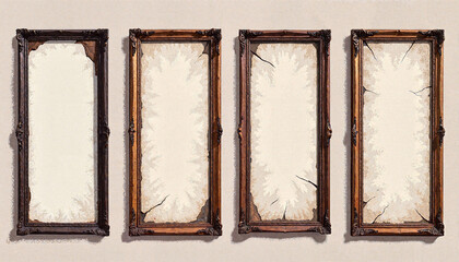 Distressed pixel art photo frames arranged in a row, nostalgic design