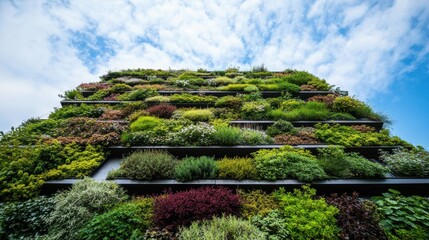 Vertical Garden Tower with Lush Greenery Against Blue Sky