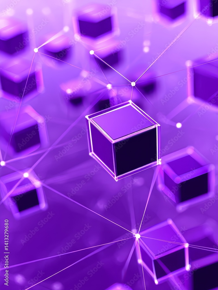 Poster connected cubes abstract network - abstract of purple cubes interconnected by glowing lines, represe