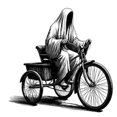 Obraz premium Mysterious figure riding a tricycle in monochrome style 
