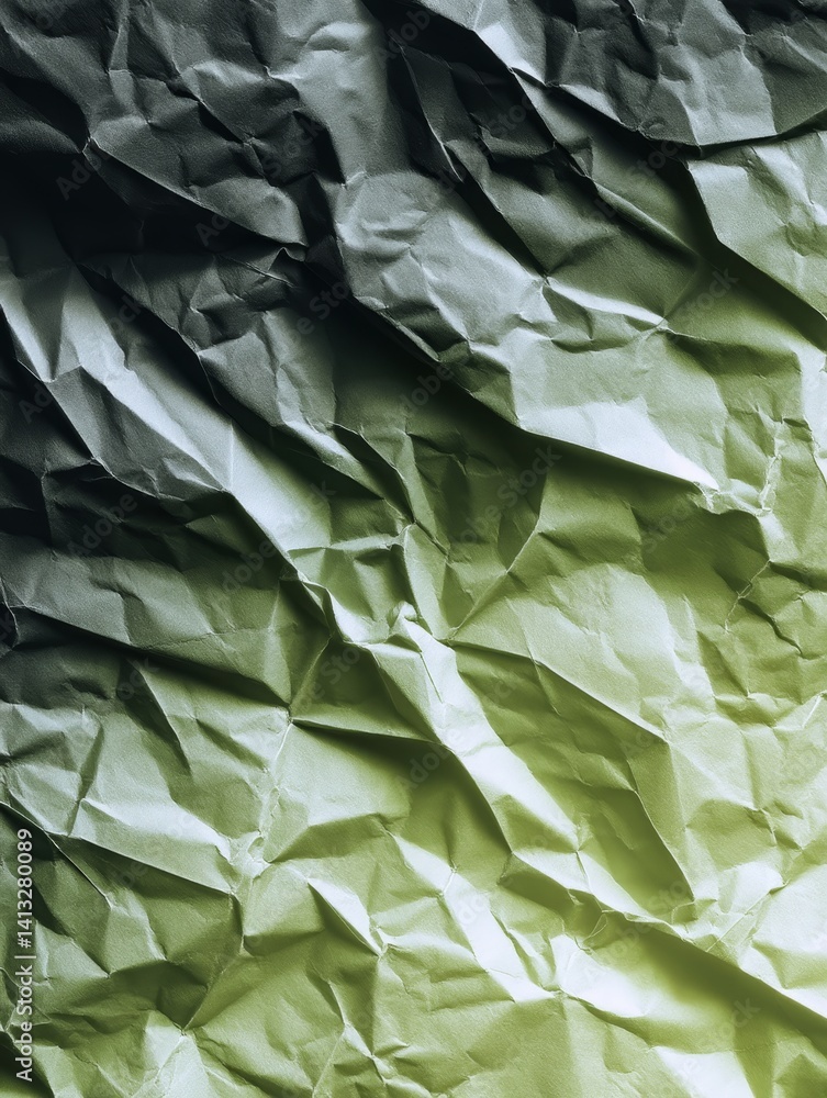 Poster crumpled paper texture gradient - close-up of crumpled paper with a dark green to light green color 