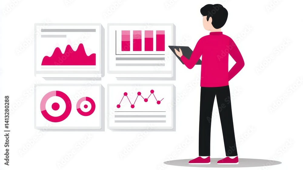 Poster data analyst reviewing charts and graphs - a person analyzes data charts and graphs, showcasing busi
