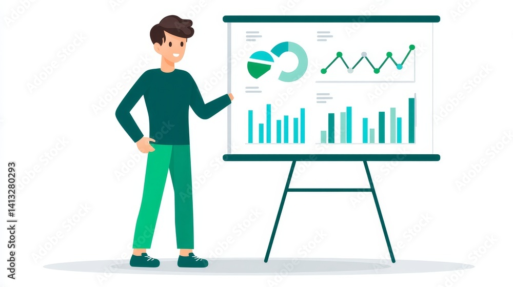 Poster data presentation and analysis - a young man presents data charts and graphs on a whiteboard, illust