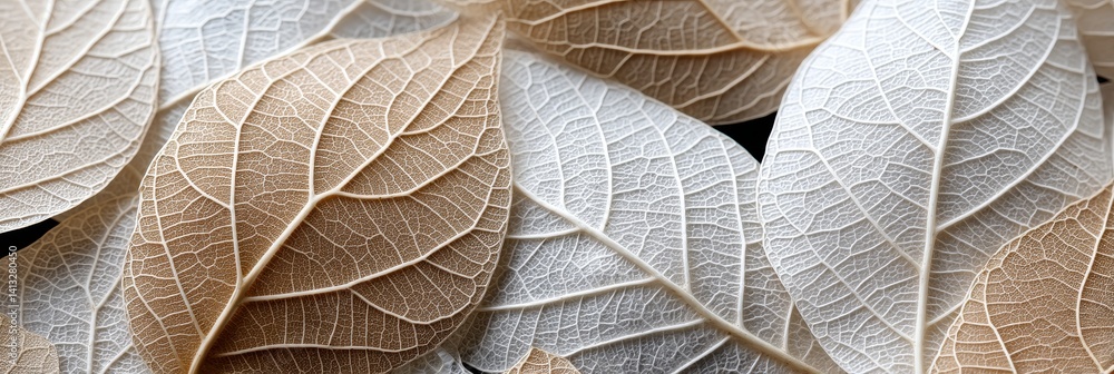 Poster delicate leaf textures - close-up of several dried leaves showcasing intricate vein patterns and a b
