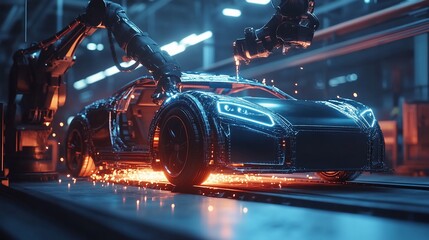 Naklejka premium Robotic arms assembling a futuristic car on an assembly line.