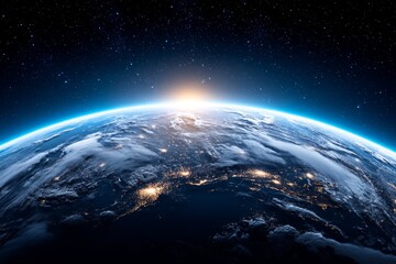 Fototapeta premium Earthrise: A View From Space - Stunning view of planet Earth from space, showcasing the curvature, clouds, and city lights at sunrise