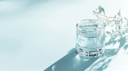 Jar with natural cosmetic cream and eucalyptus branch on pastel blue background