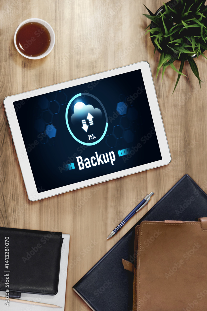 Poster backup storage data internet technology business concept. database storage cloud technology file dat