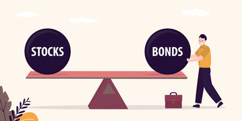 Stocks and bonds in balance, weight balls on seesaw that symbolize harmony and equity between Stock and bonds, businessman balancing weight on seesaw.