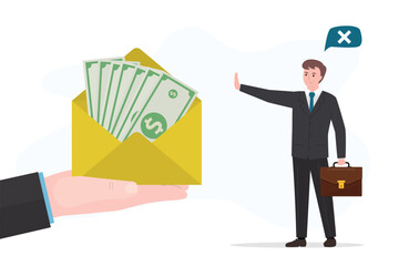 Stop corruption. Anti bribery concept. Hand offers money, other hand shows gesture of refusal. Businessman hand giving bribe in cash. Business man rejecting money offered.