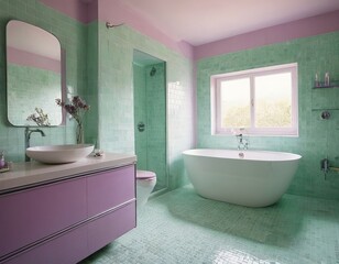 Modern bathroom featuring a mint green and lavender color scheme, showcasing elegance and tranquility.