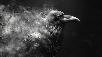 Fototapeta premium Black background, inky raven, dripping, black and white.