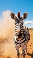 Zebra posing humorously on dry plain with dust cloud, wildlife fun