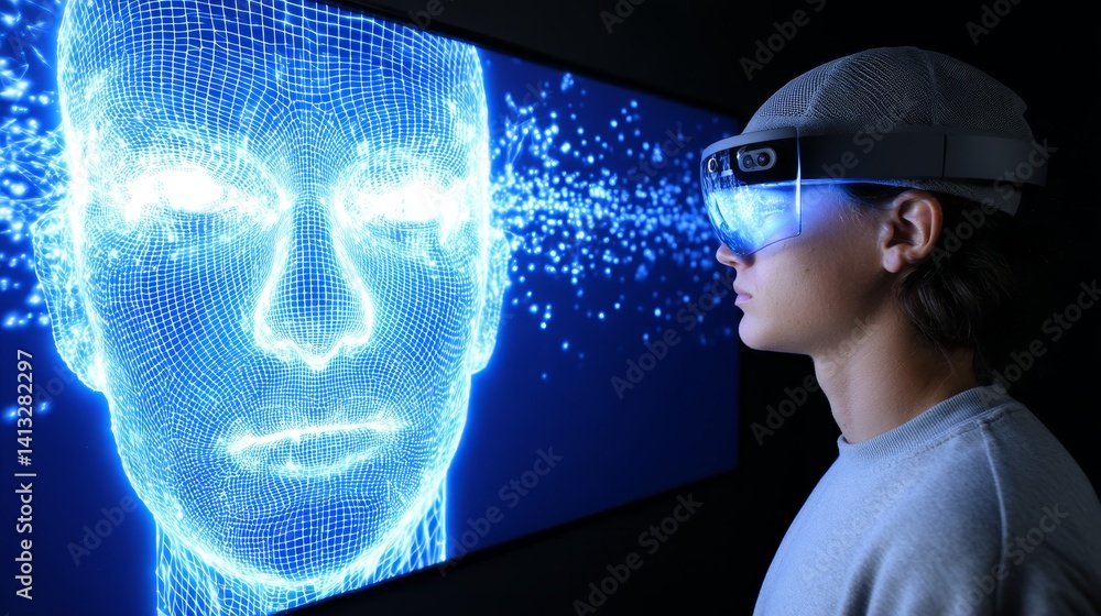 Poster exploring identity through virtual reality - young person wearing vr headset interacts with a face d