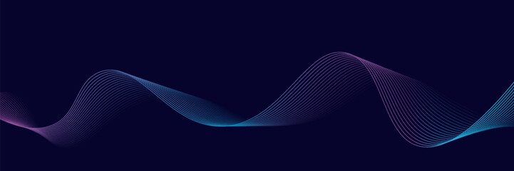 Naklejka premium Abstract dark blue digital future technology geometric flowing line background. Purple-navy blue-green gradient smooth wave lines web banner 