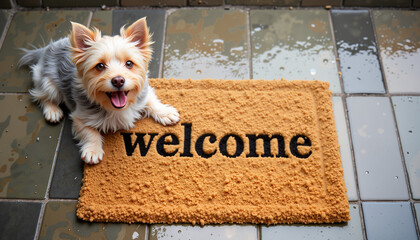Happy small terrier with welcome mat on rainy porch, warm invitation