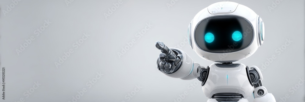 Poster friendly robot pointing - a cute, white robot with glowing blue eyes points towards the viewer, set 