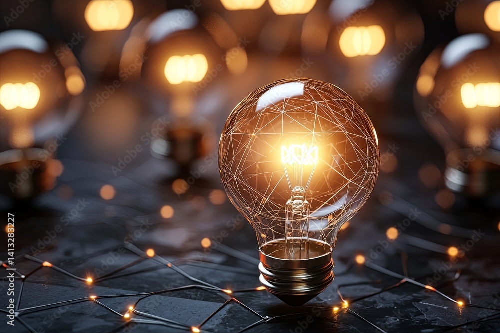 Aufkleber close-up of a glowing light bulb surrounded by decorative string lights, showcasing intricate filame