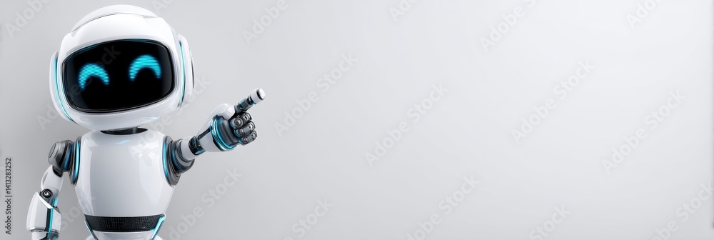 Poster friendly robot pointing to space - a cheerful white robot with cyan accents points to the , leaving 