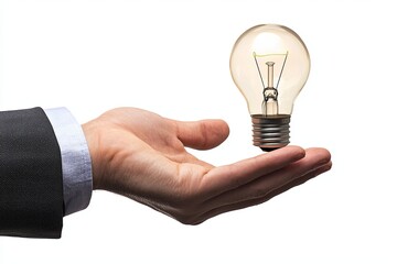 Business Professional Holding Light Bulb in Open Hand Symbolizing Innovative Ideas and Creative Solutions for Future Growth and Development