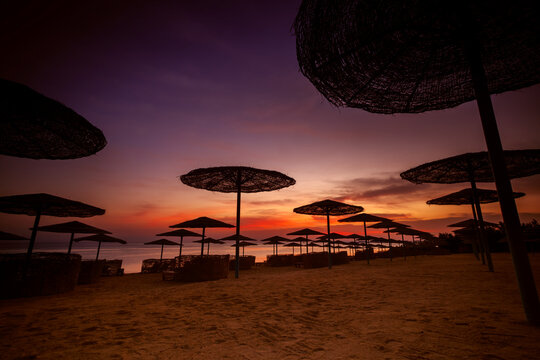 Silhouette of straw beach umbrellas on a beach at sunrise, Hurghada, Egypt