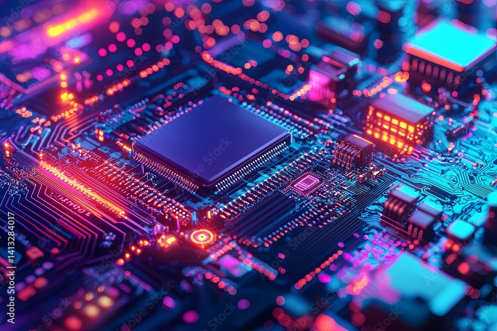 Poster vibrant close-up of a modern circuit board with led lights and microchips in an abstract technology 