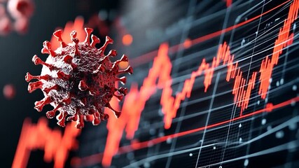 Close-up of a virus model overlaid on a digital graph showing fluctuating data trends - Powered by Adobe