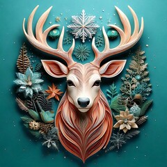 Festive Deer: Christmas Charm with Snowflakes and Floral Accents"