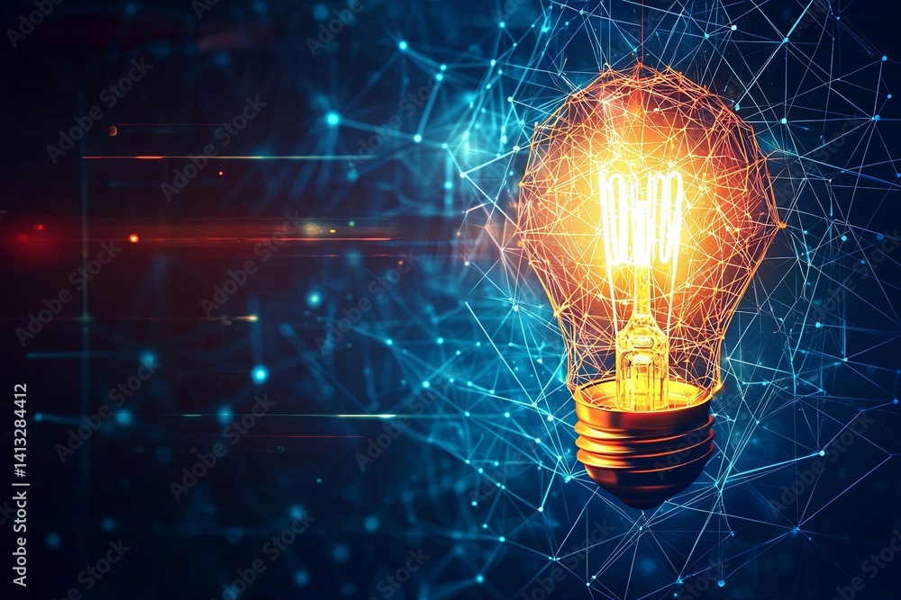 Poster illuminated light bulb against abstract technology network background featuring bright glow and digi