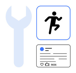 Wrench symbol with running icon and social profile stats. Ideal for fitness apps, social metrics, digital tools, content creation, DIY platforms, workout logs, simple landing page