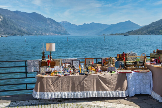 Vintage antiques for sale at a local antique Market by Lake Iseo (Sebino), Lombardy, Italy