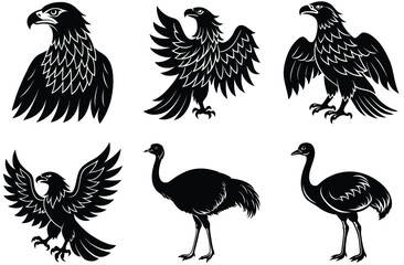 Naklejka premium Cute cartoon vector set of farm poultry illustrations featuring chicken, hen, rooster, and chick silhouettes