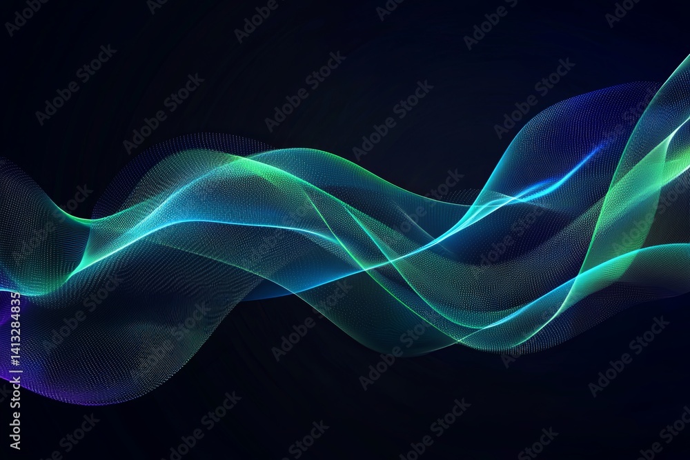 Poster ethereal light waves flowing in a dark background, creating a sense of motion and depth, perfect for
