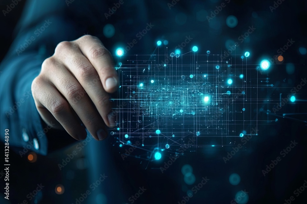 Poster hand interacting with digital interface, symbolizing technology, data visualization, innovation, and