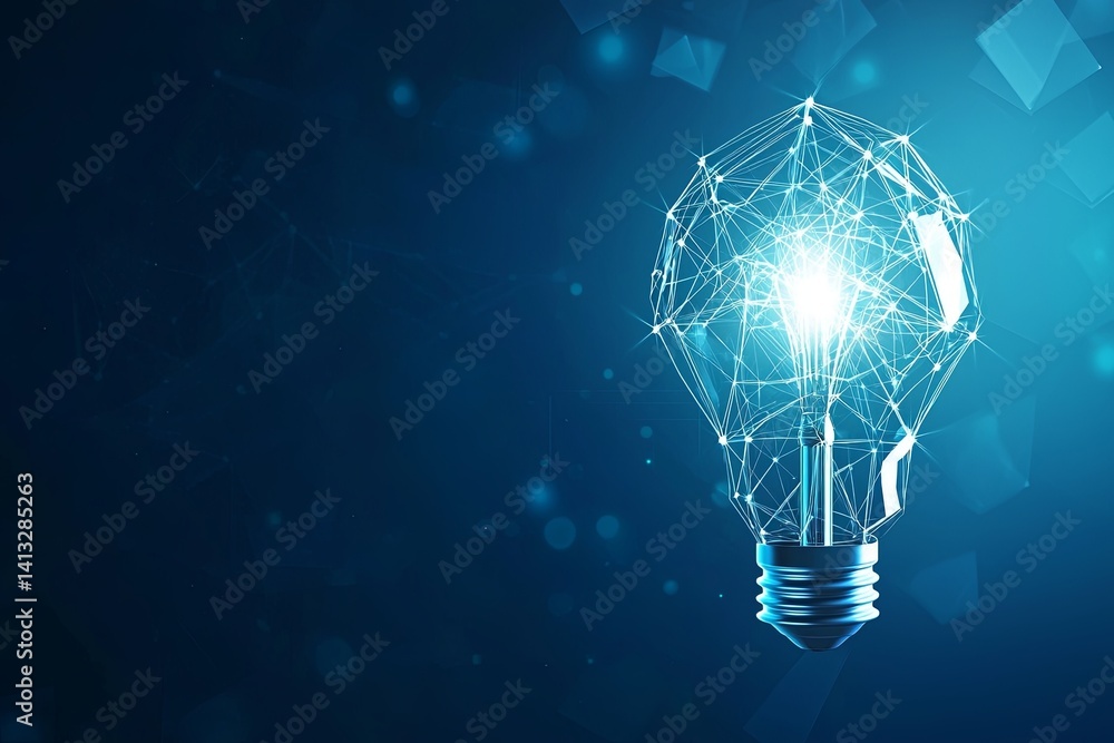 Poster futuristic light bulb design with bright glow and abstract technology elements on blue background re