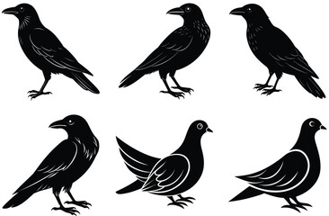 Vector set of cute bird silhouettes illustration on a branch