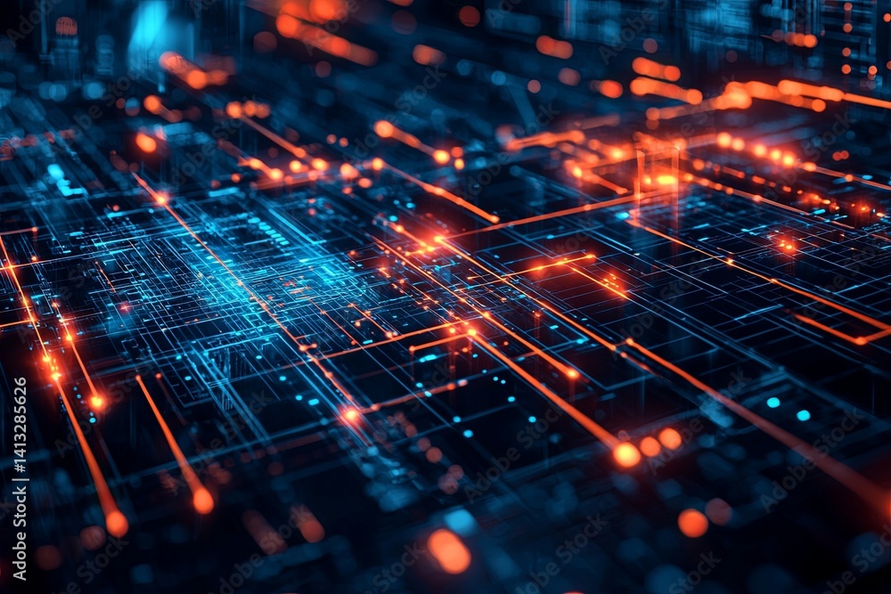 Poster abstract data visualization with glowing neon lines and dots representing digital technology, artifi