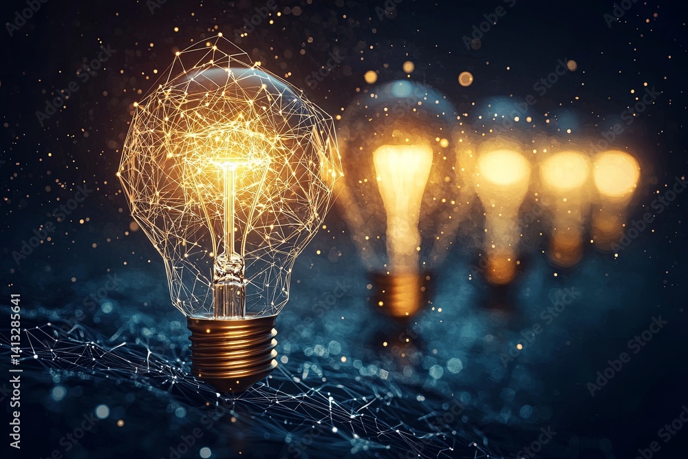 Aufkleber creative glowing light bulb with digital wireframe design illuminating a dark background, showcasing
