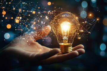 Hand Holding Light Bulb with Creative Energy, Ideas, Innovation Spark Representing Bright Future and Technology Connections in Dark Background