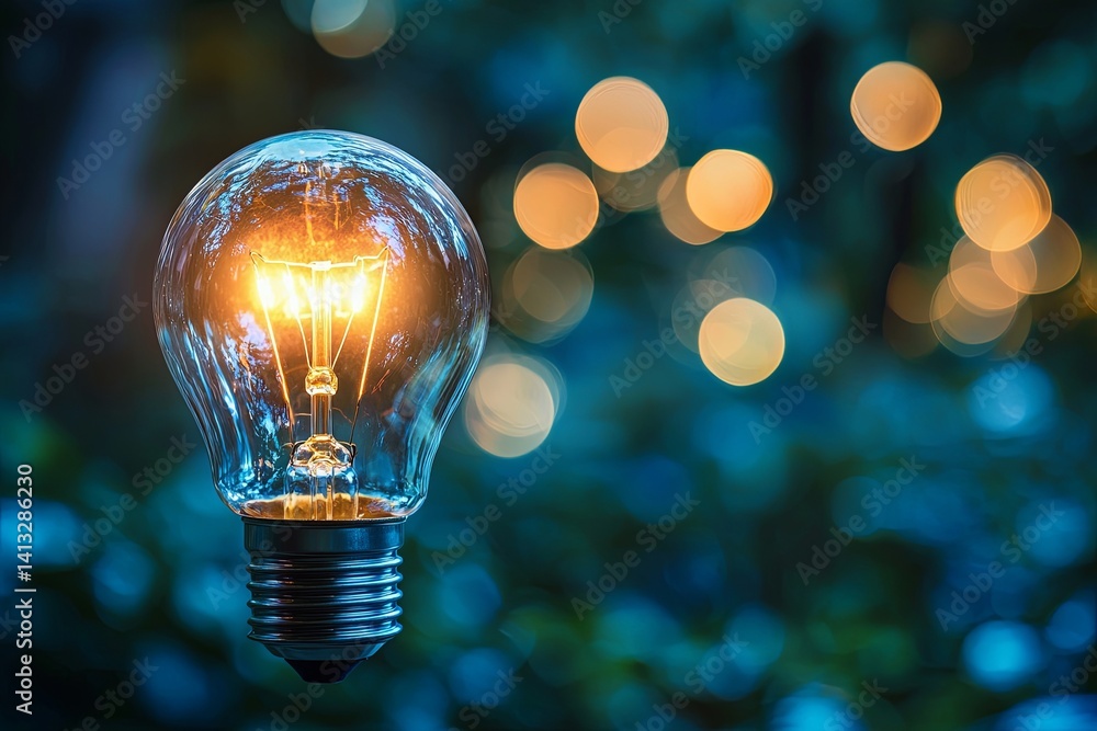 Poster glowing vintage light bulb with warm illumination set against a soft bokeh background creating a dre