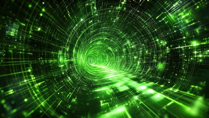 Abstract green tunnel with light streaks and geometric shapes in a dark space.