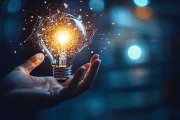 Creative concept of light bulb in hand representing innovation, inspiration, technology, and ideas with glowing particles in dark environment