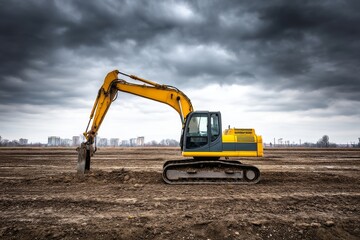 Obraz premium Industrial Digger Earthmoving Under Stormy Sky - Heavy machinery, industrial earthwork, ground drilling, construction site, powerful excavator. Symbolizing progress, industry, development, power
