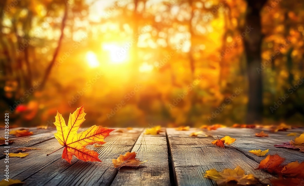 Poster autumn maple leaf displayed on rustic wooden surface with forest backdrop
