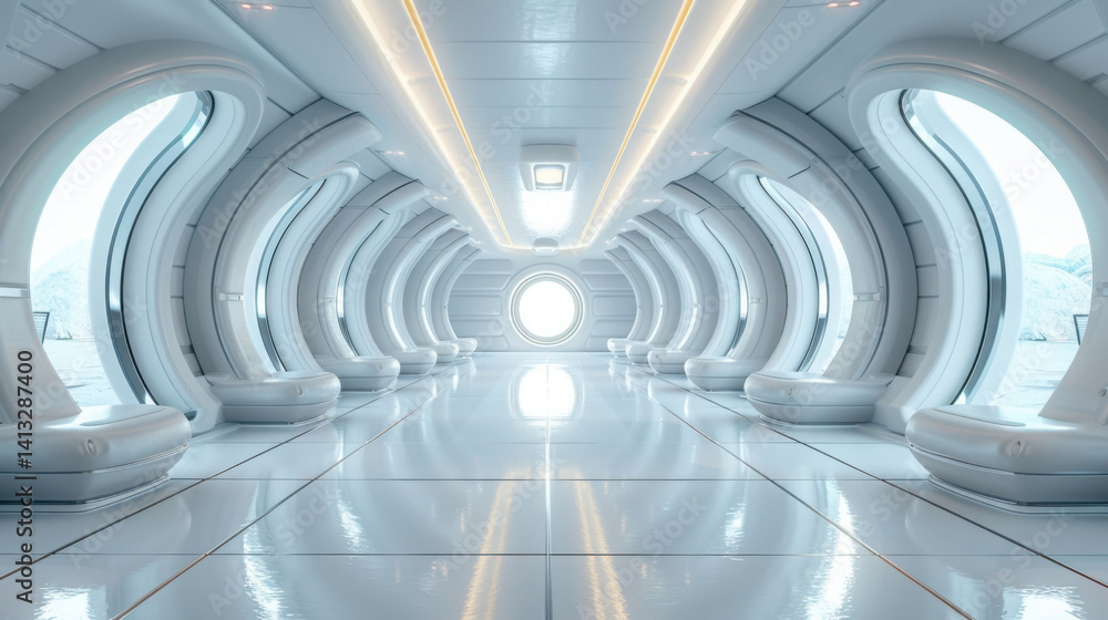 Poster empty long light corridor. modern white background. futuristic sci-fi triangle tunnel. 3d rendering.